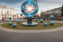 статуя на улице, Шар как атом/молекула: Сделать поверхность шара похожей на модель атома или молекулы, используя геометрические формы, светящиеся элементы или проекцию. . Для этого можно использовать различные геометрические формы, такие как круги, треугольники, шестиугольники и т. д., чтобы создать абстрактное изображение структуры атома или молекулы. Кроме того, возможно использование светящихся элементов, чтобы придать статуе особую магическую атмосферу и привлечь внимание прохожих ночью.