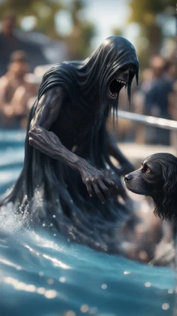 naked dementor petting his dog in a water slide,bokeh like f/0.8, tilt-shift lens 8k, high detail, smooth render, down-light, unreal engine, prize winning