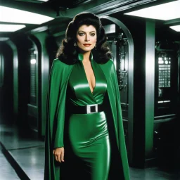 [photo by helmut newton] youthful Marina Sirtis as Deanna Troy in a different tones of green velvet suit with a short cape: she's in the corridor of an Empire Star Destroyer