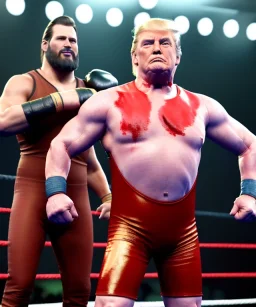 Realistic photo, Wrestler Donald trump, wrestling, sweat, blood, red breeches, suspenders, retro style, 80s, hot ambient, photo studio, vibrant color, gradient, highly detailed, art stations, concept art, smooth, unreal engine 5, god rays, ray tracing, RTX, lumen lighting, ultra detail, volumetric lighting, 3d, finely drawn, high definition, high resolution.