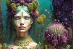 hypercomplex cactus sylph, symmetrical face, detailed face features, sharp eyes, soft skin, by Daniel Merriam, by Albrecht Altdorfer, surreal, abstract Modifiers: fantasy intricate very attractive beautiful Unreal Engine hdr cinematic postprocessing pencil sketch black ink Craig Rutkowski