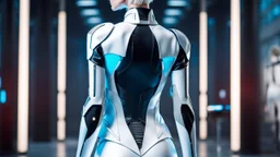 picture from behind the human android female with short white hair, white albino skin , she wearing black-silver-white colors futuristic fashion cloths, full body, she walking in high-tech futuristic office, sci-fi mood, ultra detailed, high contrast, Professional photography