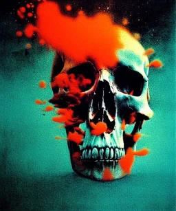 broken realistic skull. black background. smoke and explode. particles in air. teal and orange. abstract. beksinski.