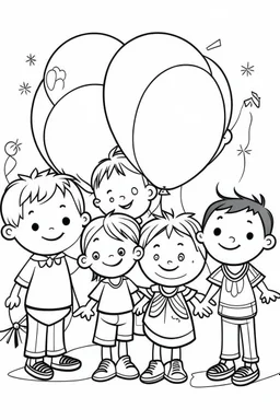 HAPPY NEW YEAR coloring page for kids, HAPPY NEW YEAR CELEBRATION KIDS, BALLON, thick outline, low details, no shading, no color