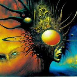 Global warming paradigm shift, abstract surrealism, by Dave McKean and Arthur Secunda and H.R. Giger, silkscreened mind-bending illustration; asymmetric, Braille art, warm colors, dark shine, saturated colors, atmosphere guided by N(t)=N0​⋅e−kt