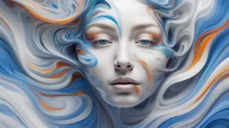 A female face, made of a vibrant and abstract representation of fluid dynamics. It features swirling patterns of colors, predominantly in shades of mostly white, and small amount of blue, that seem to be in motion. The patterns are non-symmetrical, with the colors flowing and intertwining in a mesmerizing manner. The image gives an impression of a liquid or gas in motion. focus on the face eyes. This should reflect a transparent effect.