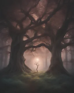 Conceptual illustration depicting a human heart resting within the branches of an ancient tree in a mystical forest. Emphasize the ethereal essence by using soft, radiant glows from the branches. creating a detailed and enchanting piece with a harmonious pastel color scheme. Ensure the digital rendering is of high quality, capturing the otherworldly nature of the scene