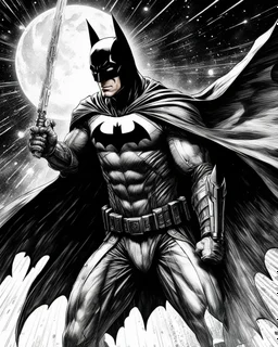 I draw black and white manga of Batman as a JEDI from Star Wars, meticulous etching and shading techniques, hyper-detailed illustration. Batman is in dynamic motion preparing for a powerful move. Intricate lines and textures enhance the depth and realism of the drawing, showing the artist's skill and creativity