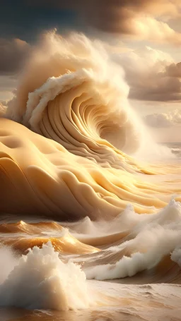 Photoreal cyclone at sea made from butter and caramel waterfog enveloping the air