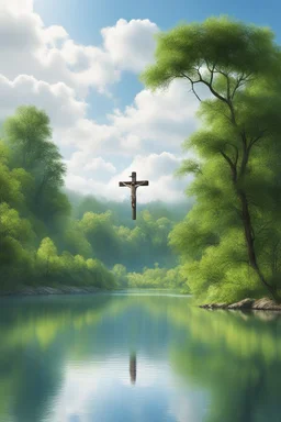 Jesus on his cross in a A peaceful landscape with a calm river or lake reflecting the blue sky and scattered white clouds, surrounded by lush green forest on both sides. The scene is natural, untouched, and serene. Daytime setting with soft, natural lighting and clear weather