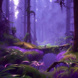 dynamic lighting, Intricately detailed, Splash screen art, deep color, Unreal Engine, volumetric lighting, purple forest,