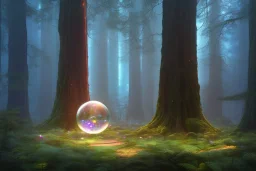 glowing bubble portal in a clearing glade in a redwood forest at night. shimmering portal. the forest redwood trees are lit by a glow. by cyril rolando and naomi okubo and dan mumford and ricardo bofill. beeple. noah bradley. digital render. digital painting. trending on artstation. concept art