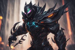 Warwick venom in 8k solo leveling shadow artstyle, machine them, mask, close picture, rain, neon lights, intricate details, highly detailed, high details, detailed portrait, masterpiece,ultra detailed, ultra quality