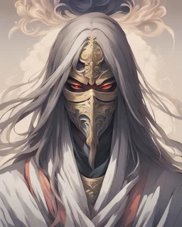 portrait of an anime deity with long hair and face hidden behind a mask or cloth (image length should be till shoulder level)