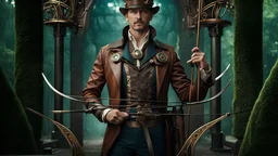 High-end hyperrealism Bekim Fehmiu holding Odissea's bow, Steampunk-inspired cinematic photography, symmetry forest alley background, Aesthetic combination of metallic sage green and titanium blue, Vintage style with brown pure leather accents, Art Nouveau visuals with Octane Render 3D tech, Ultra-High-Definition (UHD) cinematic character rendering, Detailed close-ups capturing intricate beauty, Aim for hyper-detailed 8K