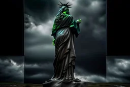 the statue of liberty, dress dirty and torn, her face solemn and terse, trash littered at her feet, she holds a crumpled american flag, she walks away with back turned under a dark and dreary sky, wide angle