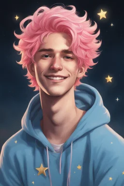 An androgynous young man with tousled pink hair and golden eyes floating among the stars wearing a light blue hoodie and black board shorts. He is smiling softly and holding a star in one hand.