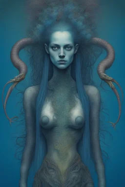 A beautiful girl with a colorful peacock long hair , snake like full body, front view . decayed and rotting with grotesque proportions and imagery. grotesqueries, detailed texture, surreal horror, biomechanical design, by hr giger and beksinski , on blue color