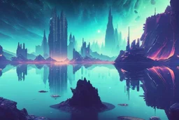 distant cyberpunk city, rocks in the lake, galaxy, epic