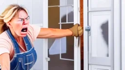 lady angry with contractor installing the screen door