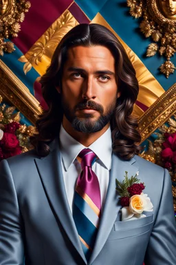 Hyperrealistic maximalist photography of Jesuscristo today, dressed in an elegant suit and ultra warm tie, incredible work of art