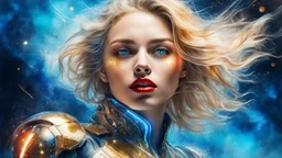 old worn canvas, layered, embossed, double exposure, artistic luminous soft watercolor, glitter, medium ground, luminosity, highlights, gold fragments, shine, light effects, artistic luminous, portrait of a female cyborg in flowing clothes, blonde hair, red lips, wind, blue space, planet, clear lines, layered, blending, textured, surreal, 3D, 8K, best quality, fine rendering, high detail, hyperrealism, high resolution, high definition, layered, pin sharp, hyperfocus, vignette