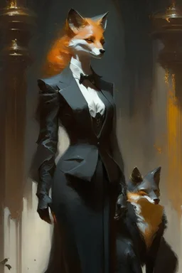 a fox in black suit and court gown in the style of Aleksi Briclot, Charlie Bowater, Dean Cornwell, and Pino Daeni