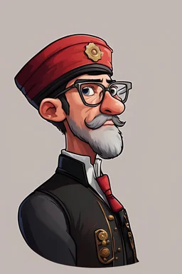 profile cartoon image from photo, with glasses, bold, wearing a Fez and a black vest,, male