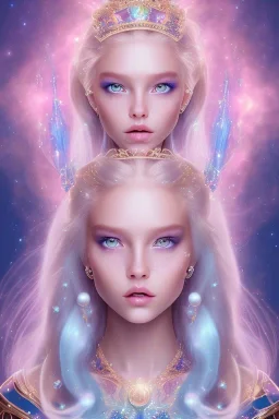 cosmic petite princesse belle fine, cheveux longs,profil de trois quart, grand front cosmique, peau bleu cristalline, yeux bleu, perle sur le front long cheveux blond et rose etoilé, cristaux sur le corps, collier de grande princesse, levres souriante, très jolie sourire