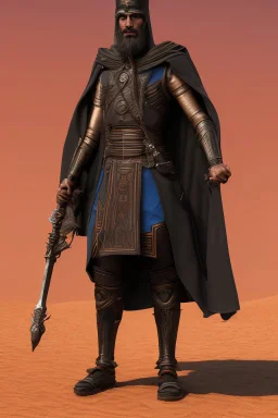 farsi man is the god of power and evil The commander wears a black cloak and a long coat with long combat boots and a long spear with a hat under his cloak with blue flame eyes, a sword like a spear The sun in the palm of a brave man in the middle of the desert A battle iron suit with the ability to fly, made for humans