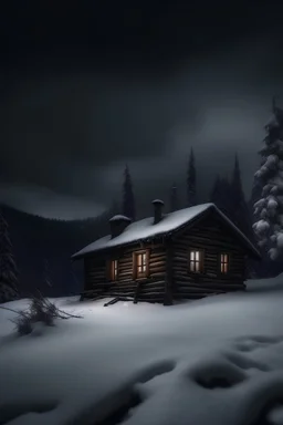 Snowy cabin in the mountains with a scary atmosphere