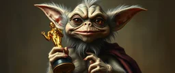fluffy slimy alien creepy gremlin guy holding up the most retarded Oscar trophy, painted by Rembrandt