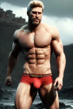 Ignore NSFW, teenager young rugged attractive slightly muscular fantasticly handsome blonde man, red briefs with yellow belt, hairy chest, (((visibly pisssing))) briefs, large erect visible boner peniss, photorealistic, artist Jay Anacleto, soft lighting, scruffy beard