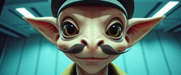 anime, airbrush and pen outline, french art mustache , extreme close up on cheeky fluffy weasel goblin alien military prison guard news anchor elf family scumbag in the style of Escher and Giger and Fallout 4, pinhole cam, airbrush 3d rendering, on tv screen:A five-second cinematic single take in a clean industrial presentation hall.
