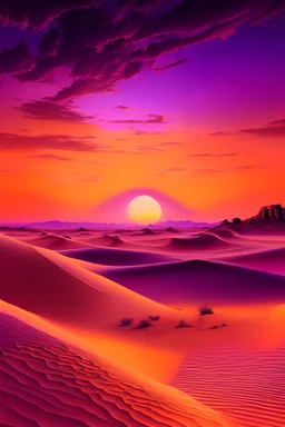 A realistic desert with sand dunes and a sunset low to ground with orange and purple and pink skies