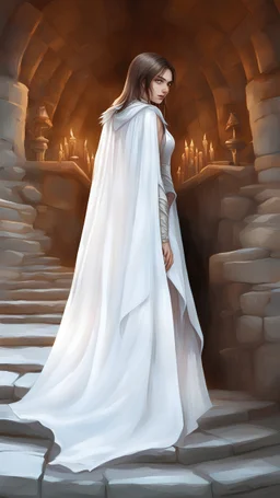 Generate a dungeons and dragons character portrait of a Female Aasimar. Her eyes are silver. Her Hair is white. Her Skin is a hazel complexion with a subtle, golden sheen. She is in camp surrounded by soft moonlight.