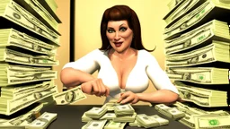 Miss sausage fingers trying to use her iphone next to stacks of cash