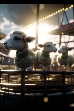 zoom shot on sheep ghosts with sun glasses on a carousel on a factory roof in storm, bokeh like f/0.8, tilt-shift lens 8k, high detail, smooth render, down-light, unreal engine, prize winning, in the style of fallout 4 and gta 4