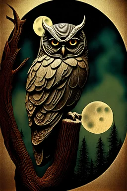 hyperdetailed face; 3D embossed textured image; bleak, dismal, dark ominous hues, contrast, vintage, elegant details, aquarelle painting, 3D abstract Owl stopped on the huge trunk, and there was a faint light in the dilapidated farmhouse. An old pine forest creaks and rocks in the background under a crescent moon in a nebula sky, stained glass, stars, agate with pewter, foil lametta; autumn, leaves, full orange blood moon, sparkles, stars, glitter, purple blue green nebula sky, sunstone, spinel,
