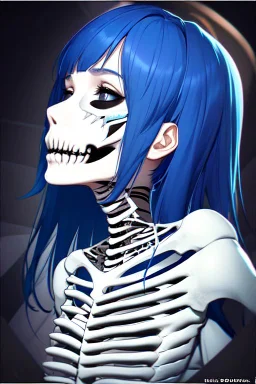 Close-up Portrait of a girl, skeleton face like night before Xmas, blue hair, 8k, 3d anime, goth