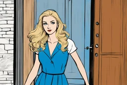 illustration by underground comix artist, Brion Gysin of: You ring, your 35 years old parents' friend opens the door. , with her flowing blonde hair and striking blue eyes, embodies a kind of beauty that is both alluring and enigmatic. she wears a simple short dress, looking down at you. she is the teacher
