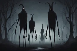 two slender dark black creatures in the night looking at the viewer