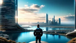 man overlooking a futuristic sci-fi city following the long curve of a long sandy bay with futuristic piers stretching out into the water