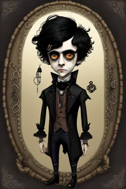 black haired black eyed young man necromancer steampunk Gnome that looks like a young Edgar Allan Poe with gothic jewelry in the style of Charles Addams