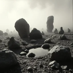 A striking quality close-up Ilford photograph captures a surreal wasteland with odd stones, pond, odd spindle-shaped objects, spooky, creepy, details of the dust very accentuated, glossy, organic, adorned with minerals and rocks, fog. Bathed in feeble light, eerie, Giorgio De Chirico style, black sun, fog, volumetric light, octane render