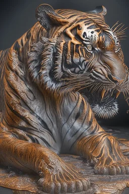 a full grown hyper-realisitc tiger melting like wax, hyper-realistic natural form, full body, highly detailed melting details, emotional expression, detailed emotions, hyper detailed melting of the animal to the ground, engraved fur details, anatomically correct animal, dark colour tone, epic colour treatment, cinematic colour treatment, meticulously intricate perfectly symmetrical extremely detailed, pixiv daily ranking, pixiv, extreme depth of field, artstation, sculpture style, spec