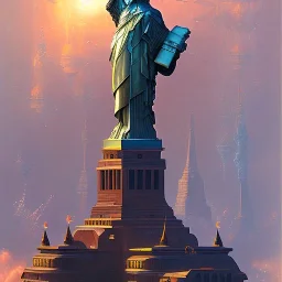 Steampunk scene of futuristic Liberty Statue NY, in the style of John Berkey