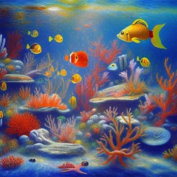 serene underwater scene, coral, fish, rocks, oil painting, by renoir