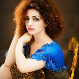 iranian princess, cute, beautiful, shot hair, curly hair, blue eyes, sit on chair portrait, cinematic, 8k,