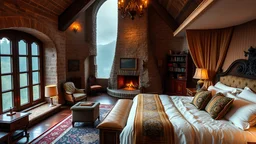 Large, beautiful, luxurious and cozy bedroom in an old Medieval stone Castle, on top of a high mountain; warm and cozy atmosphere, majestic fireplace lit in front of the large and luxurious four-poster bed, luxury sheets and duvets, furniture with luxurious and delicate decoration, a small area with a tea table in the middle of two beautiful luxury armchairs, beautiful shelves with books and a small desk. The outside atmosphere is evoked to medieval times, wonderful view of the landscape, rainy